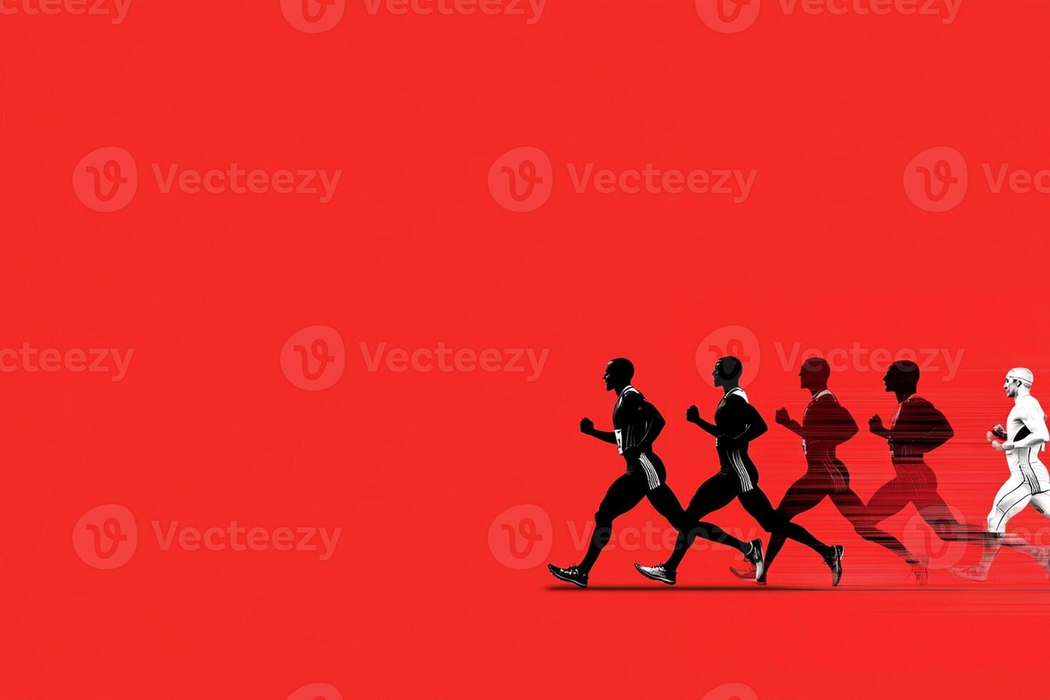 A group of people running in a red background photo