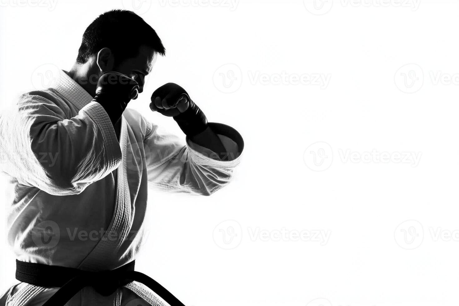 A man in karate gear is standing in front of a white background photo