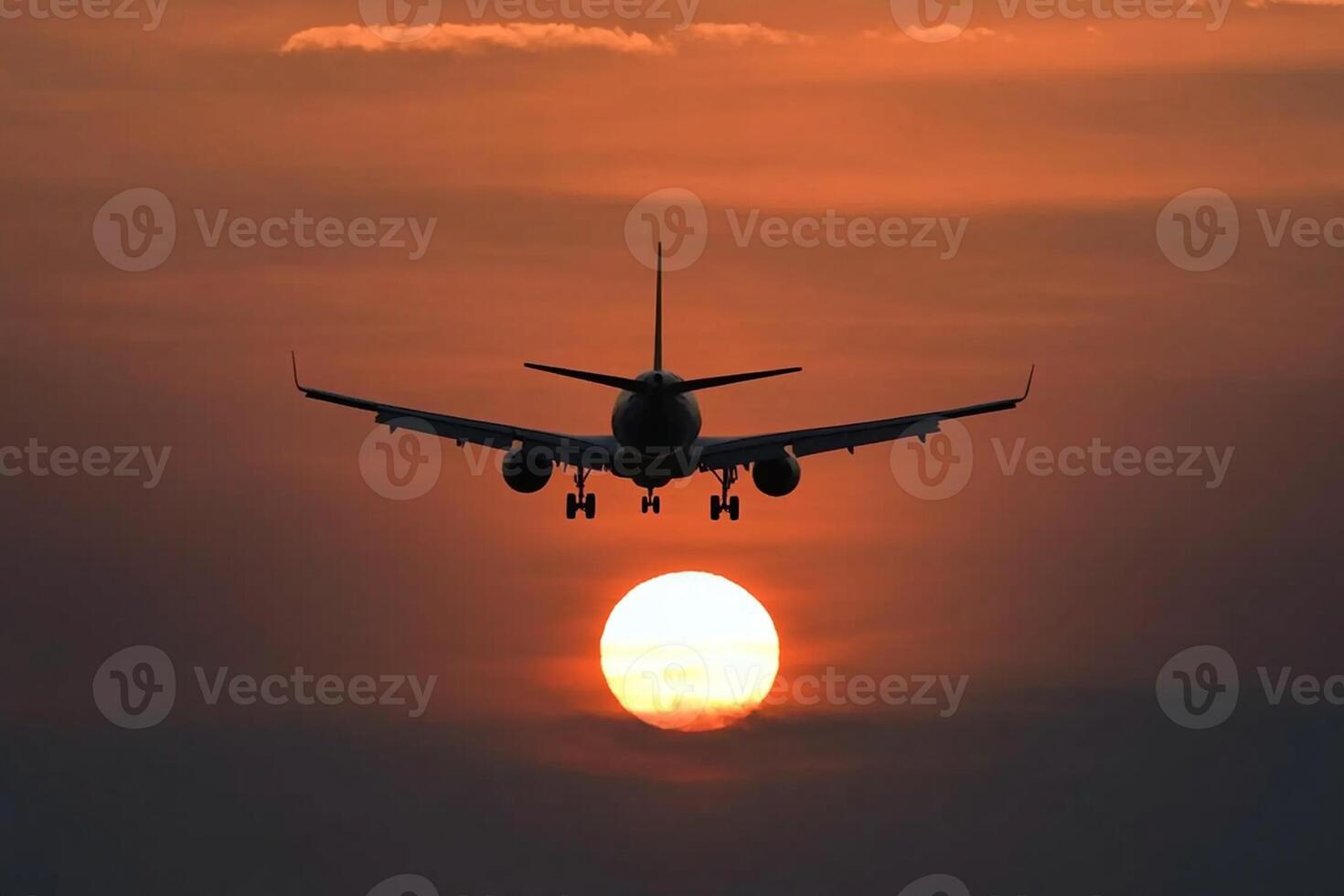 An airplane is flying in the sky at sunset photo