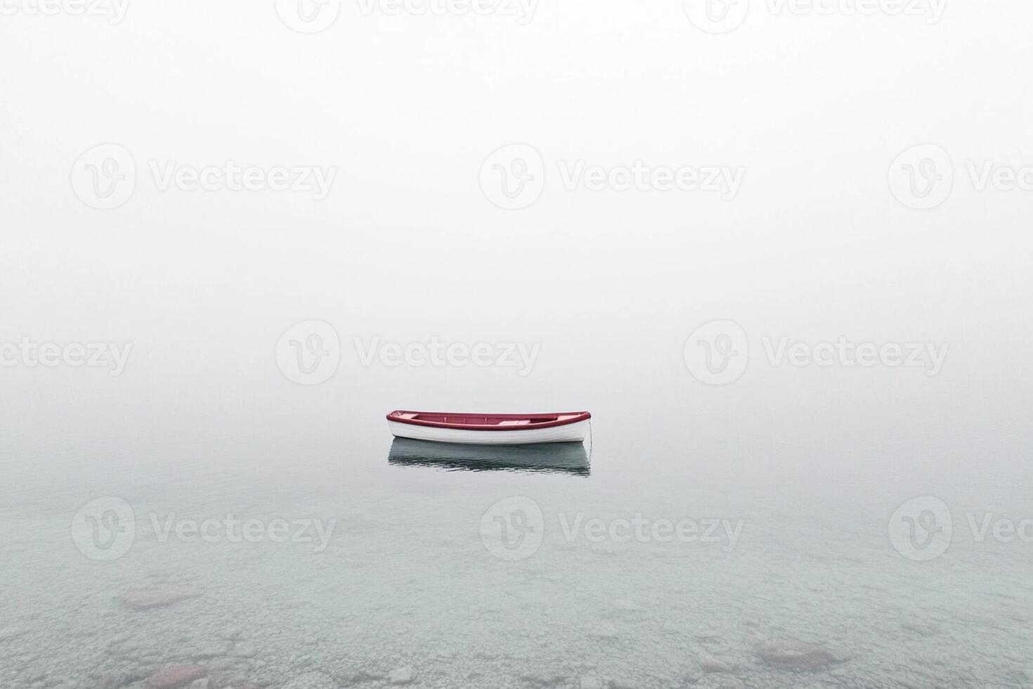 A red boat floating in the fog on a lake photo