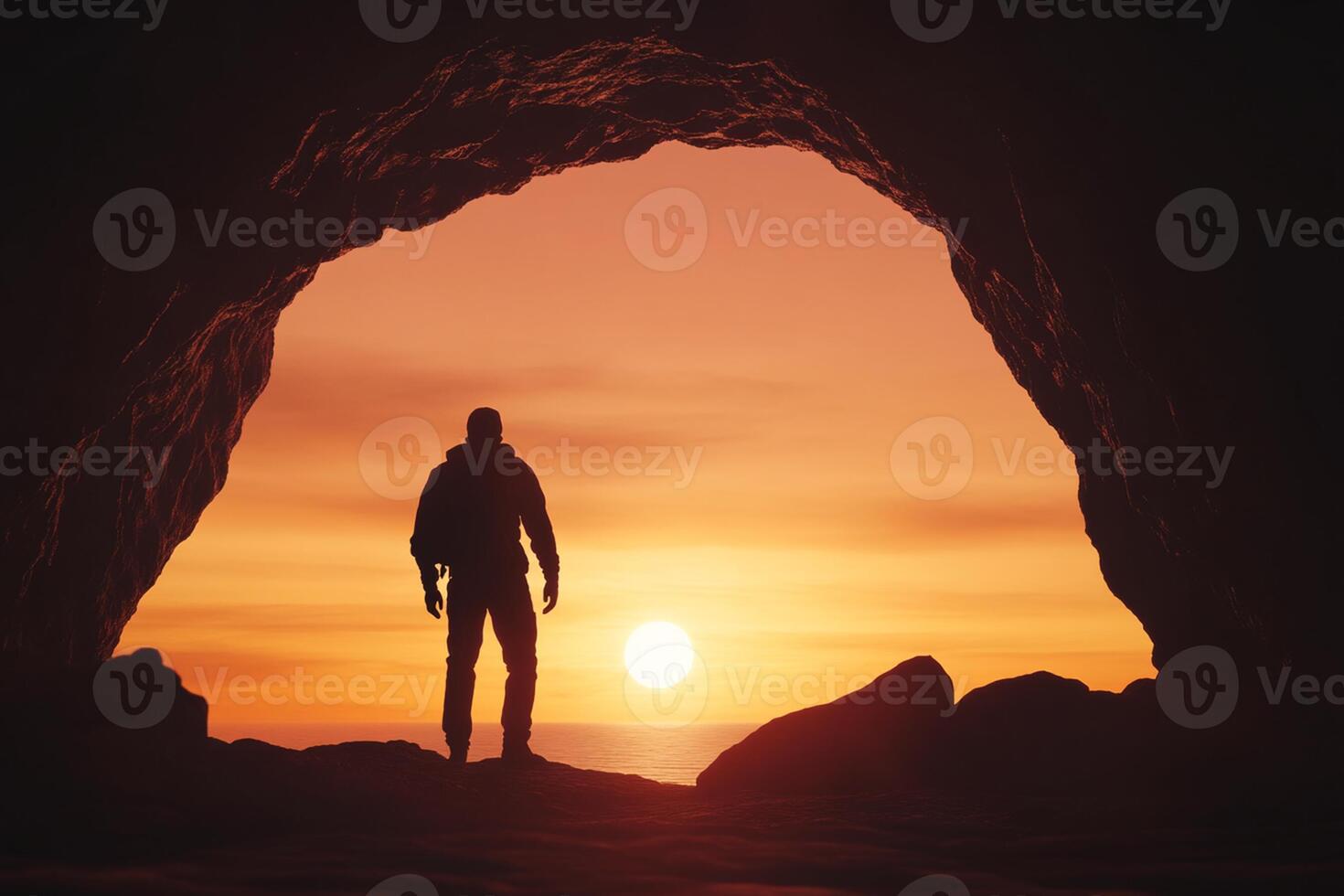 Man standing in front of a cave at sunset photo