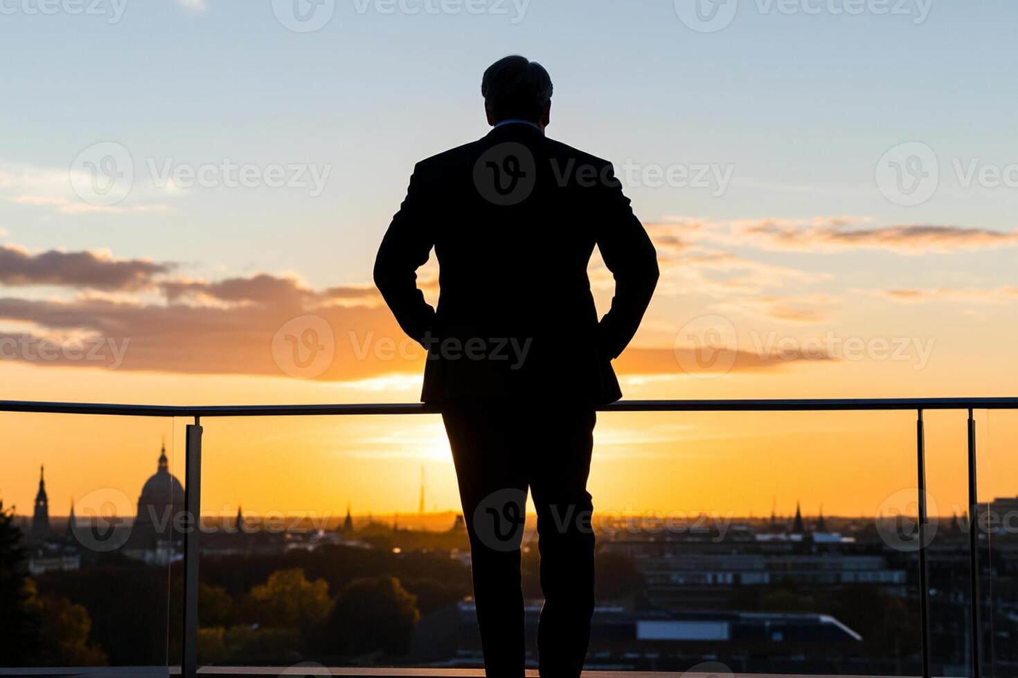 Silhouette of a businessman looking at the sunset photo