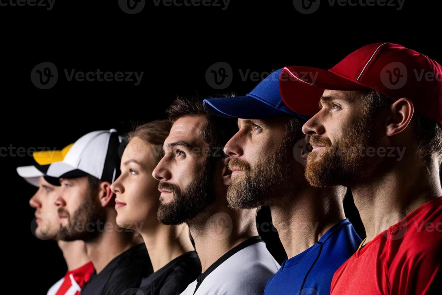 A group of men wearing different sports caps photo