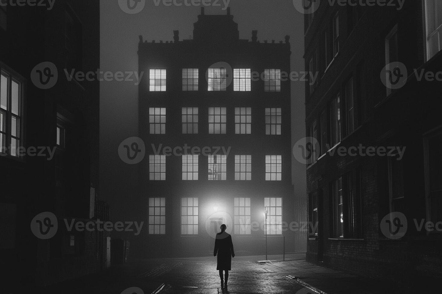 A person walking down an alley at night in front of a building photo