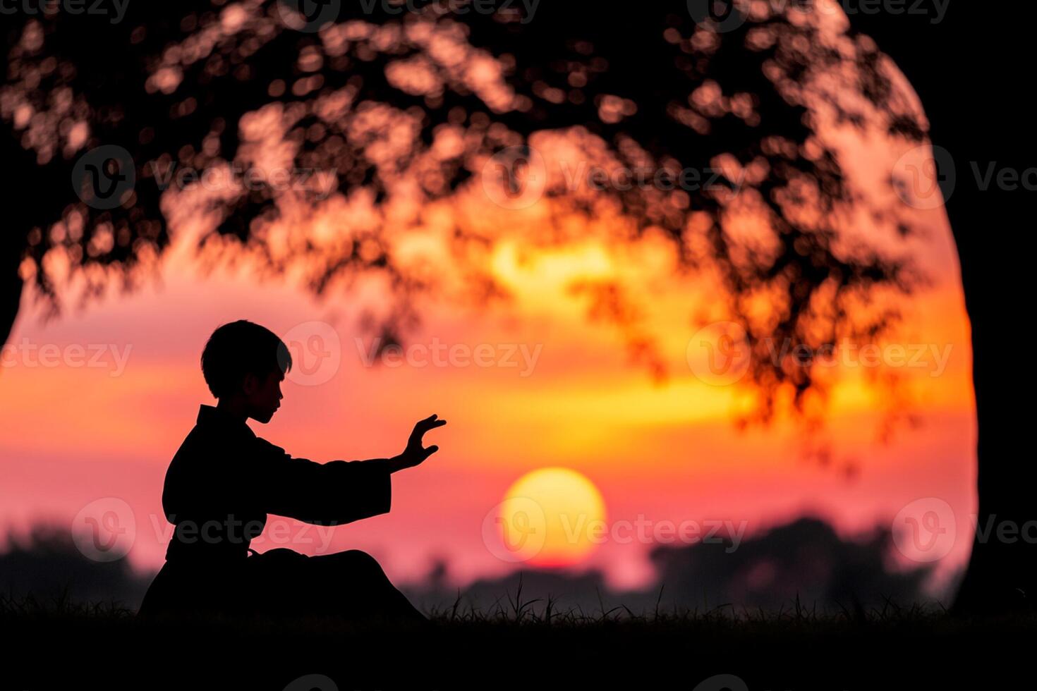 A person is practicing karate in the sunset photo