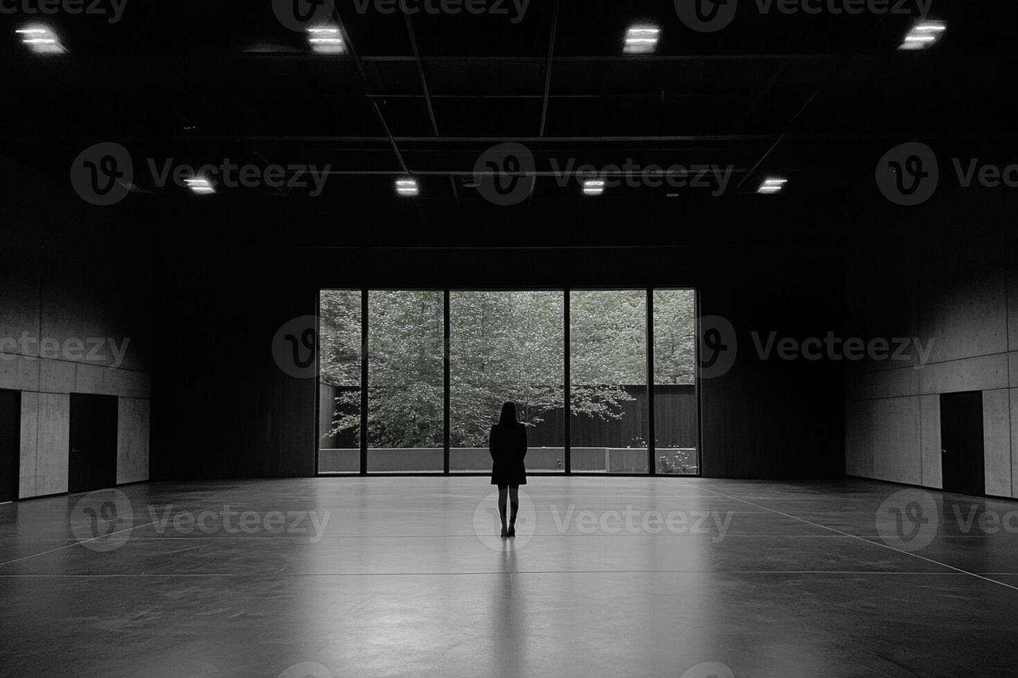A person standing in an empty room with large windows photo