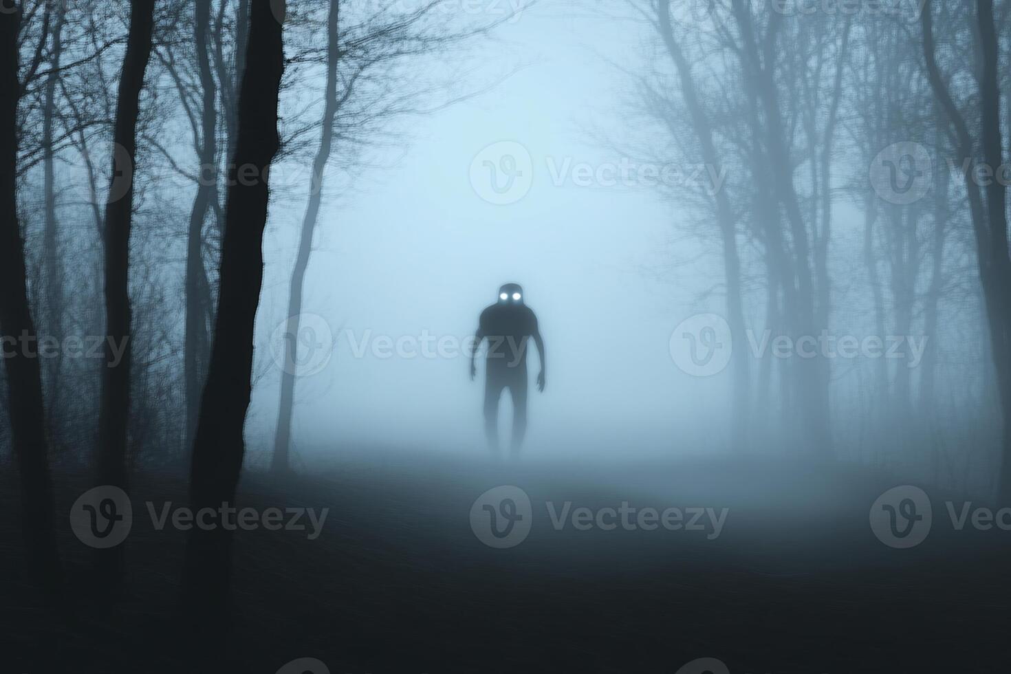 A man in a black mask walking through a dark forest photo
