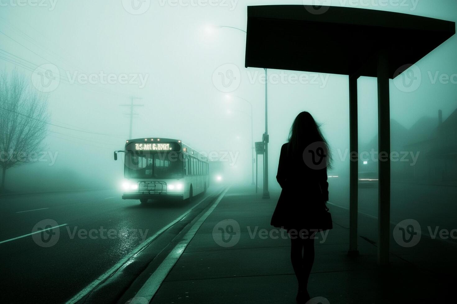 A woman standing at a bus stop in the fog photo