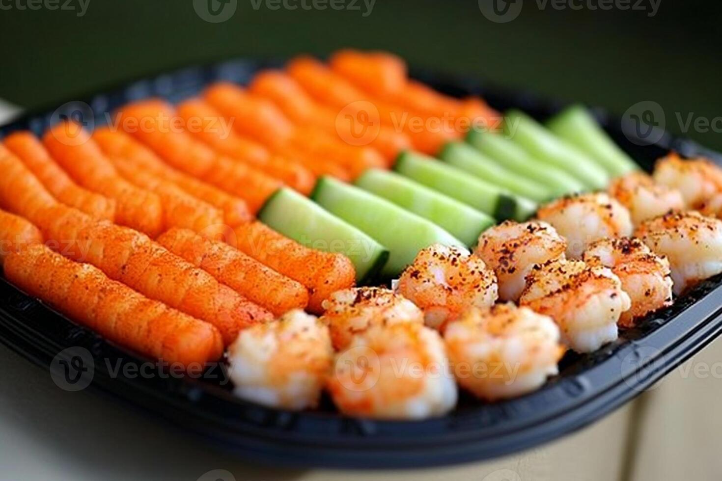A tray of shrimp, carrots and cucumbers photo