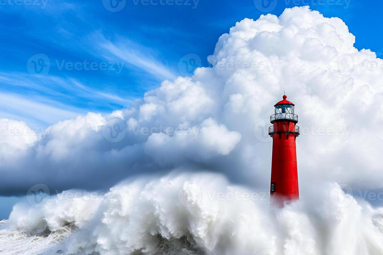 A lighthouse is surrounded by large waves photo