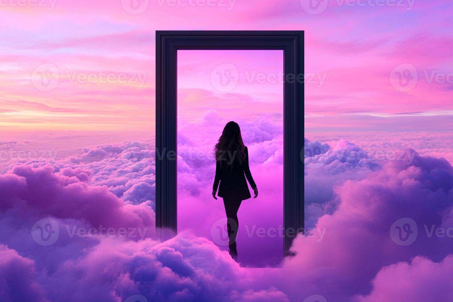 A woman standing in front of an open door in the clouds photo