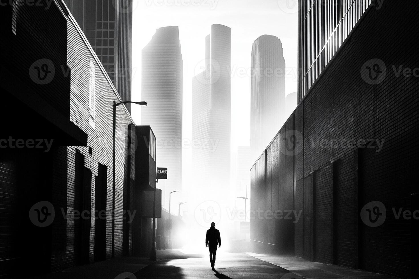 A man walks down an alleyway in the dark photo