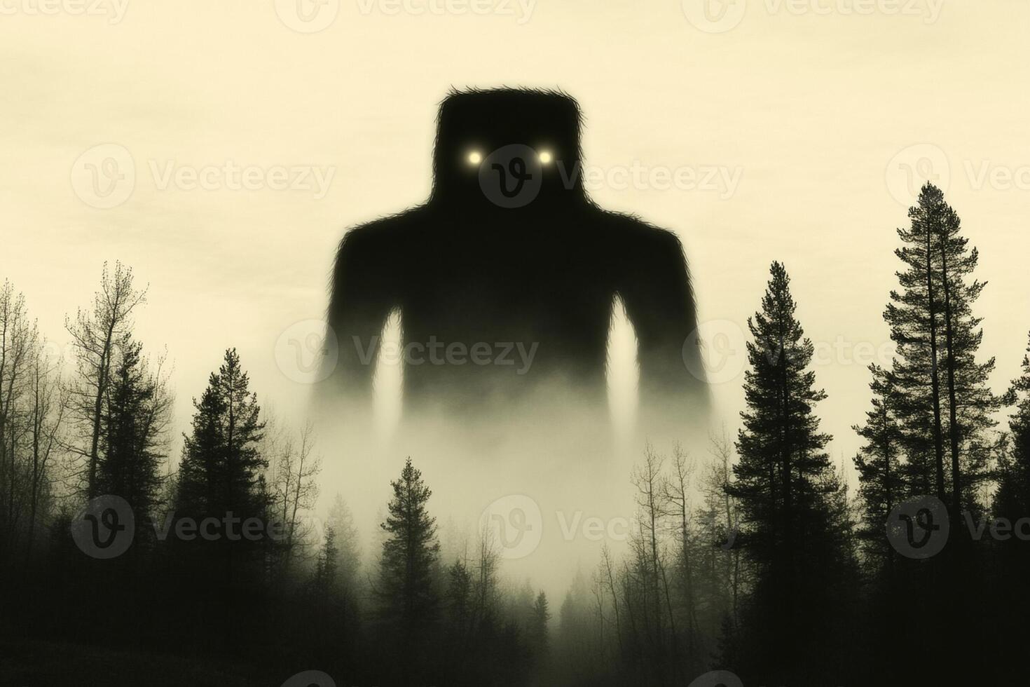 A black and white image of a monster in the woods photo