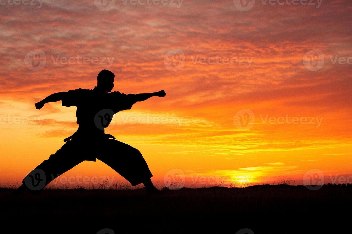 A man in silhouette doing karate at sunset photo