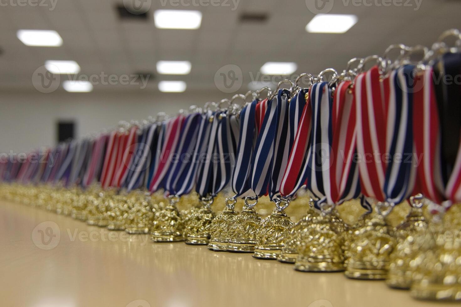 A row of medals on a table photo