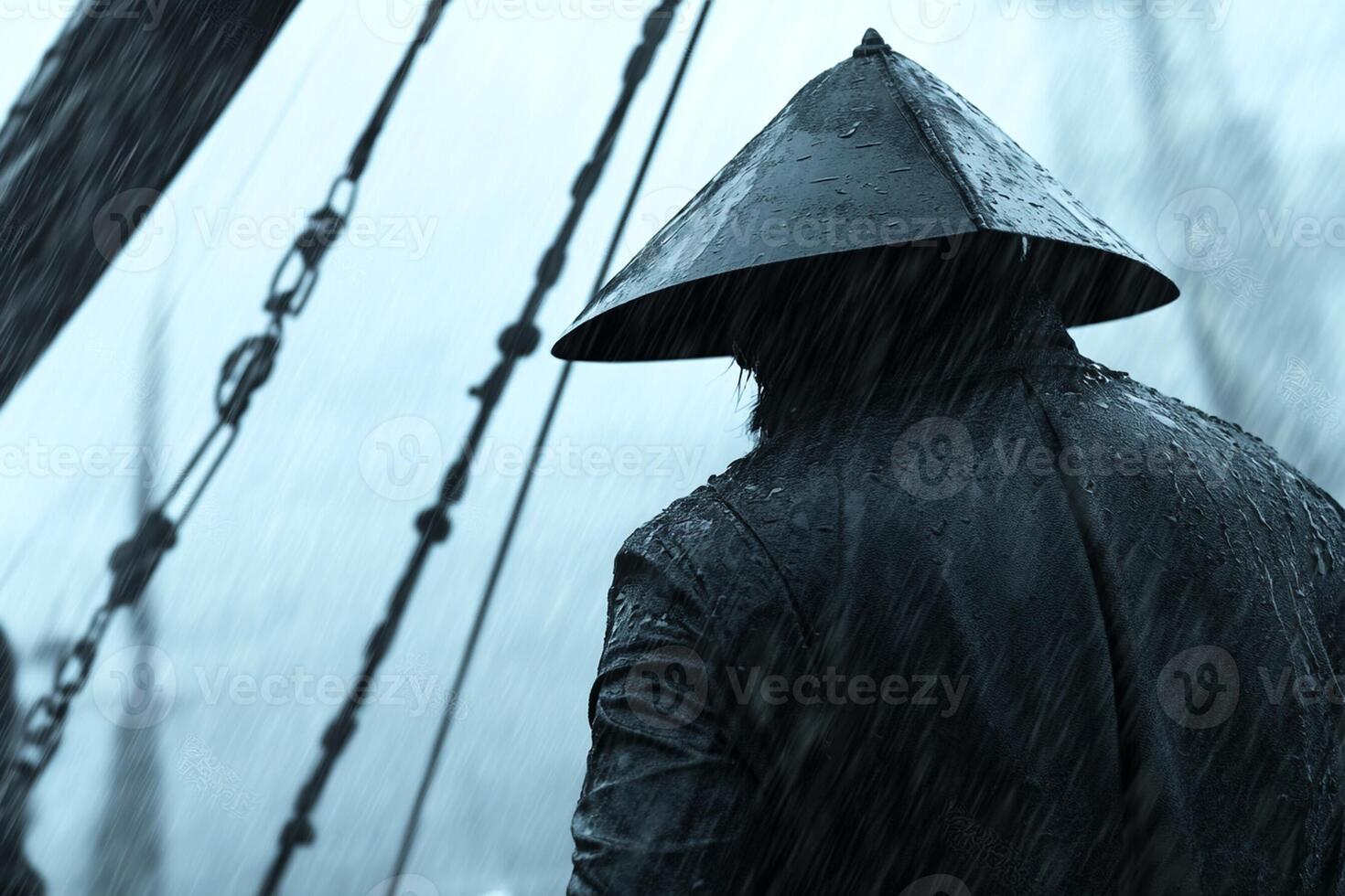 A man in a black hat and coat standing in the rain photo