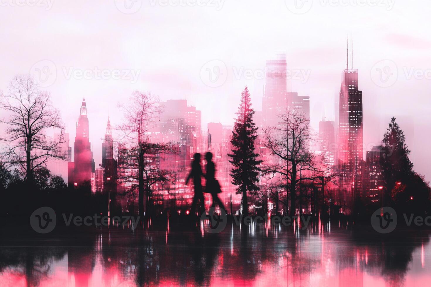 A cityscape with pink buildings and trees photo