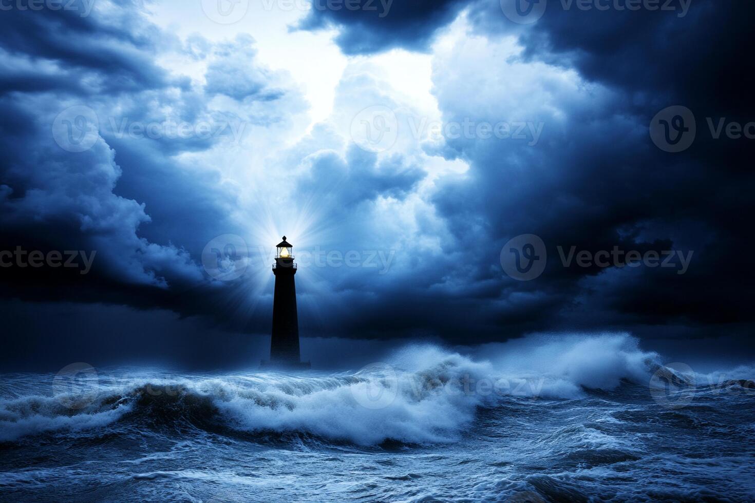 A lighthouse in the middle of a stormy ocean photo
