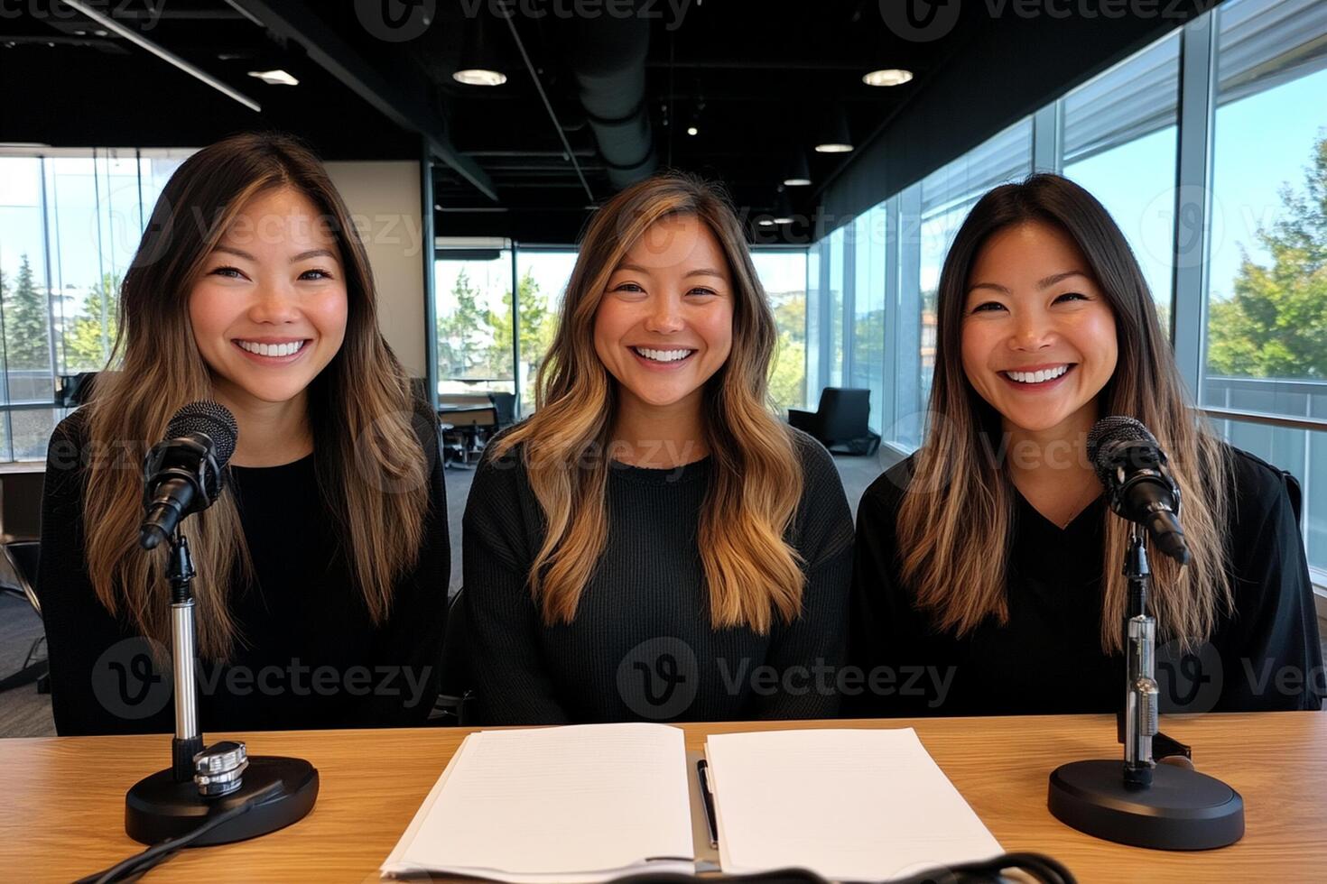 Three women sitting at a table with microphones photo