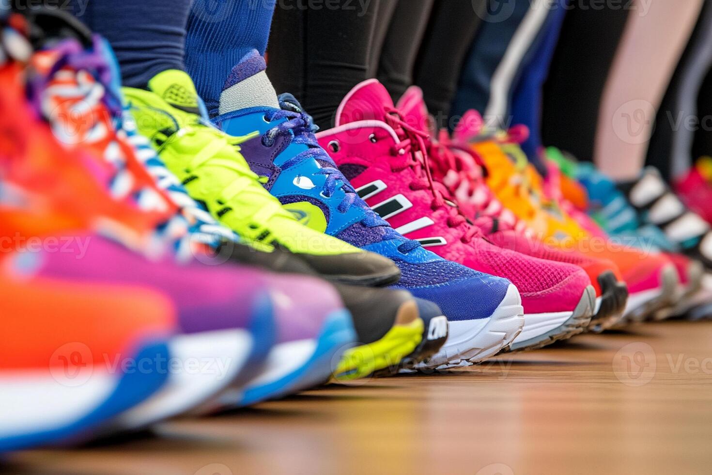 A row of colorful running shoes photo