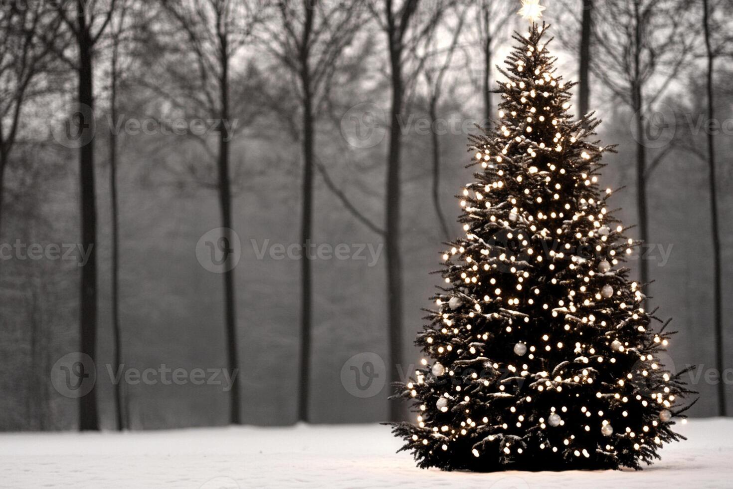 A christmas tree is lit up in the snow photo