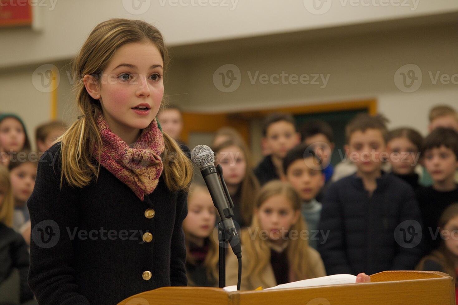 A young girl speaking into a microphone in front of a crowd photo