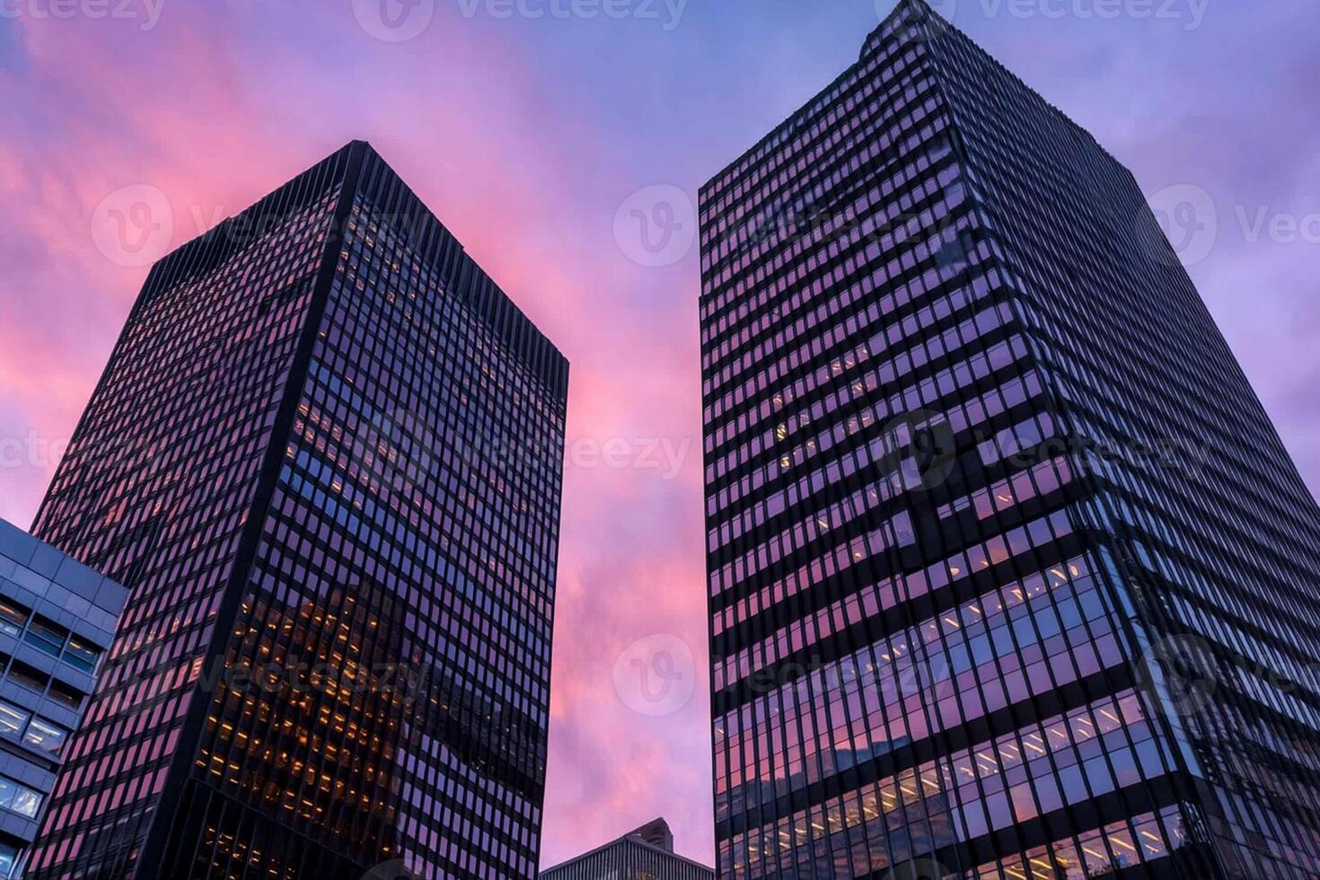 Two tall buildings with purple sky in the background photo
