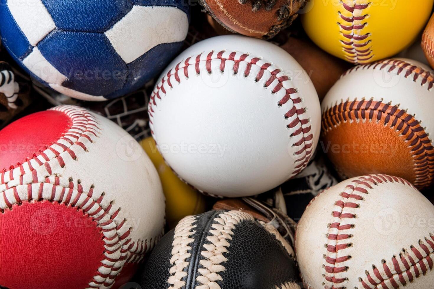 Many different baseballs and other sports balls photo