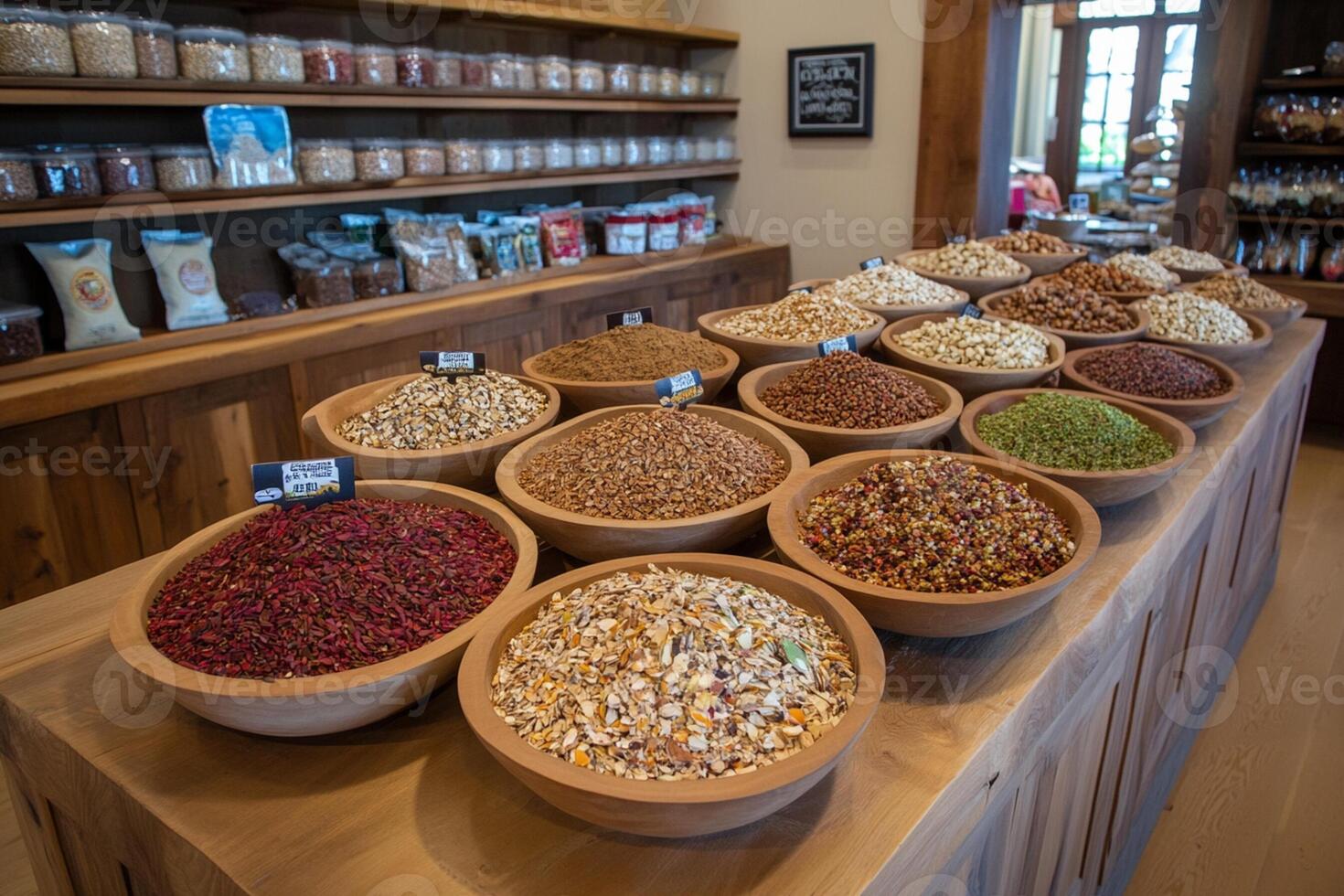 A wooden counter with many bowls of different types of food photo