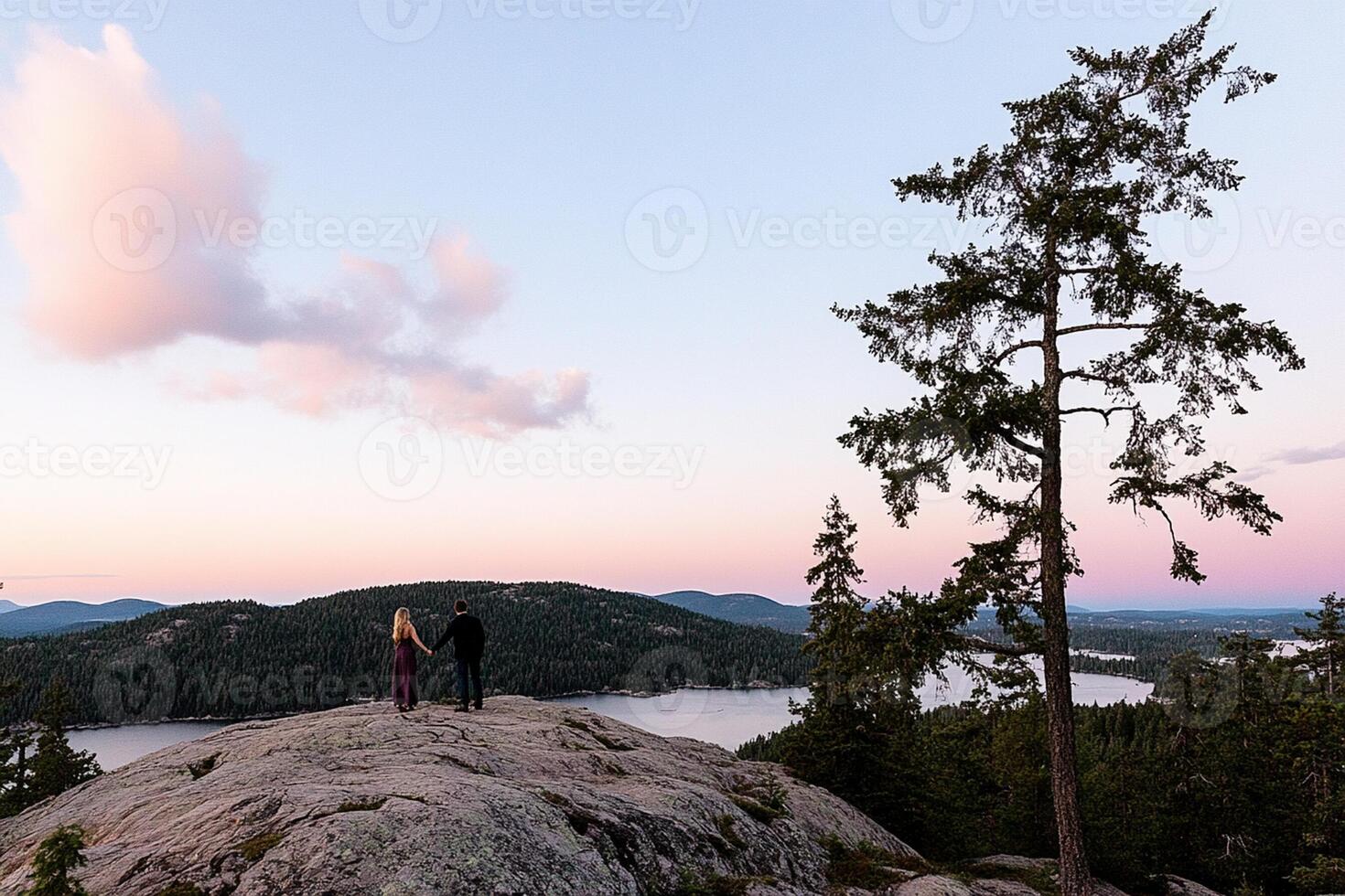 A couple stands on top of a mountain overlooking the ocean photo