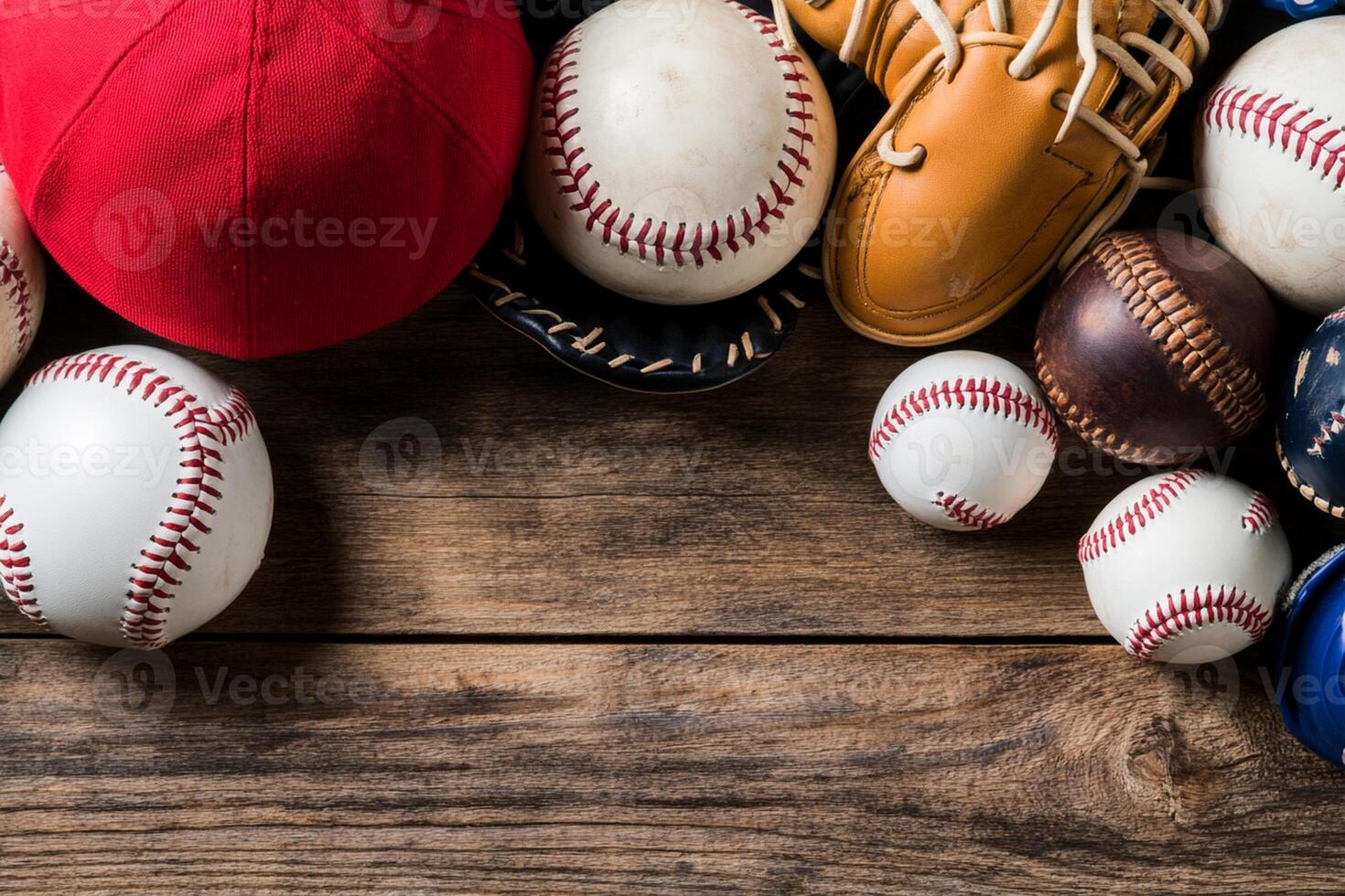 Baseball equipment and baseball balls on a wooden table photo