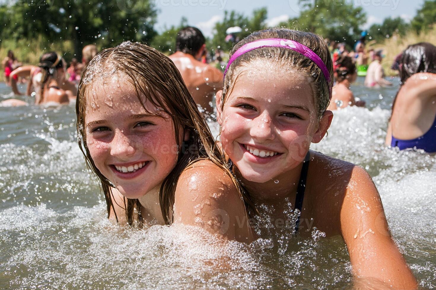 Two young girls are having fun in the water photo