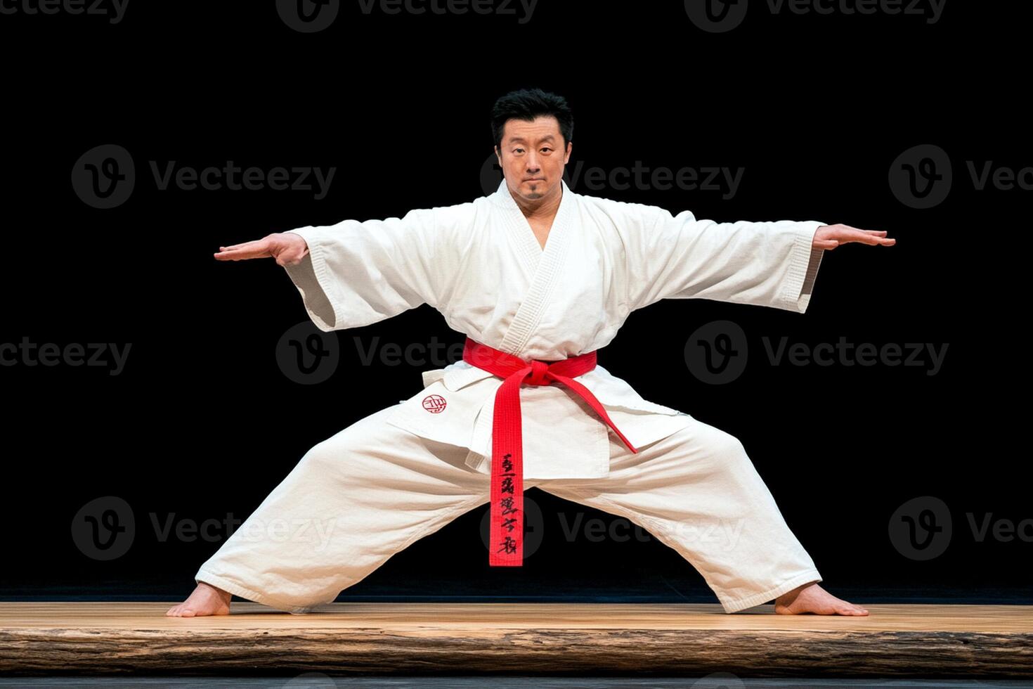 A man in white karate gear is doing a pose photo
