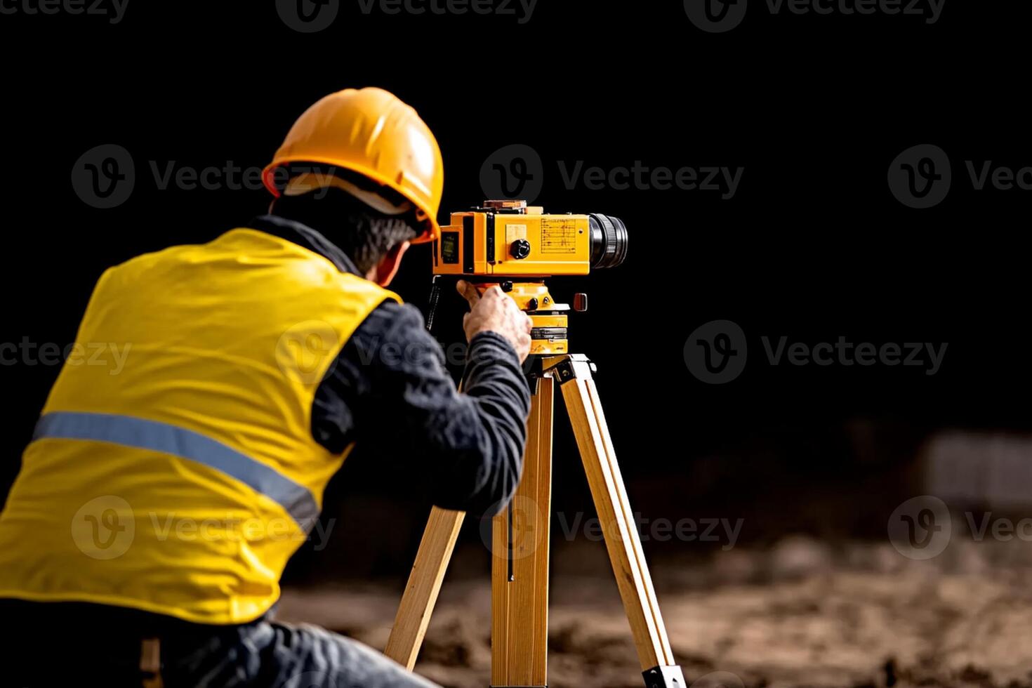 A man in a yellow vest is using a tripod to take a photo