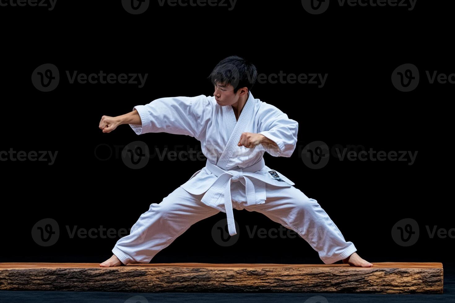 A young man in white karate gear is practicing photo