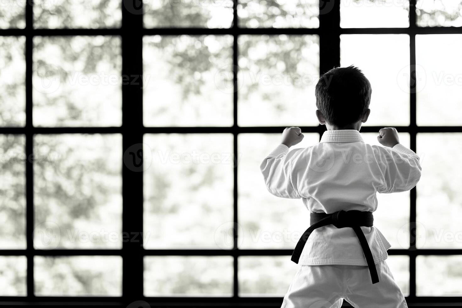A young boy in karate gear standing in front of a window photo