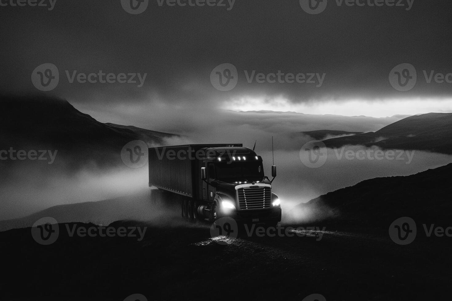 Black and white photo of a truck driving through fog