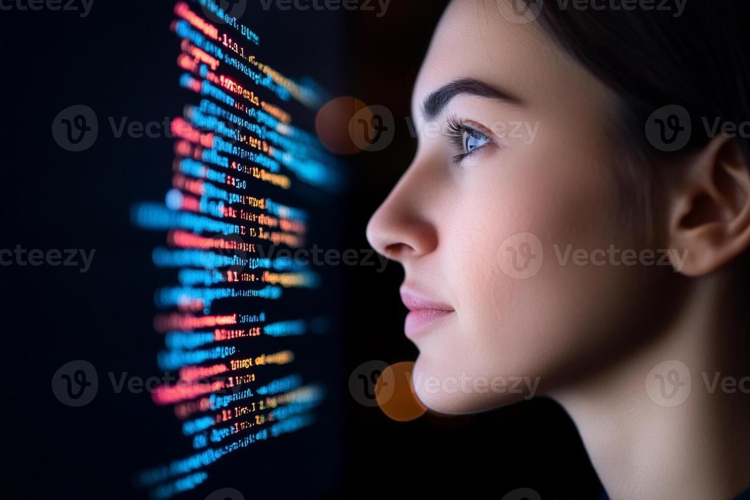 A woman looking at a computer screen with code on it photo