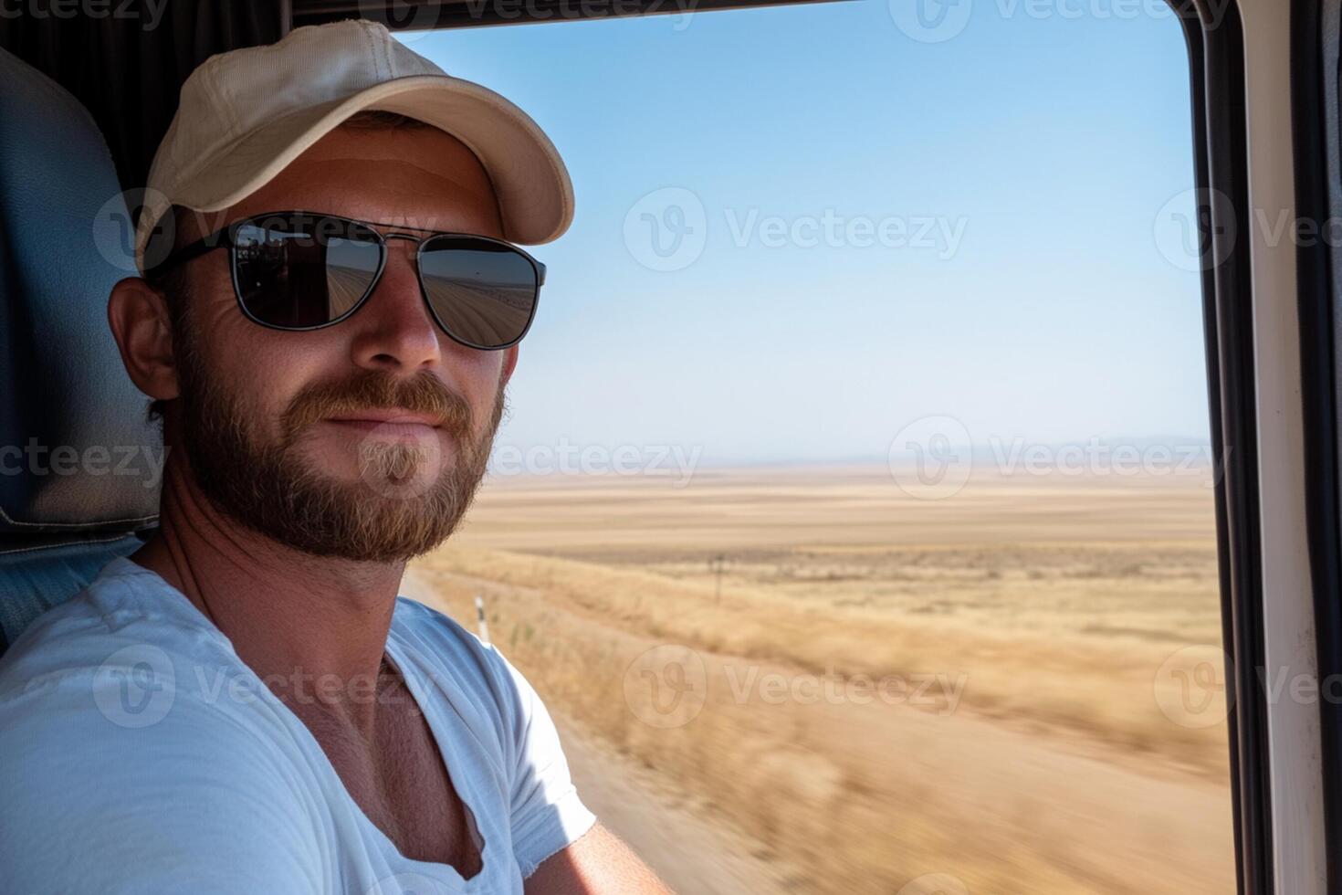 A man wearing sunglasses and a hat is sitting in a car photo