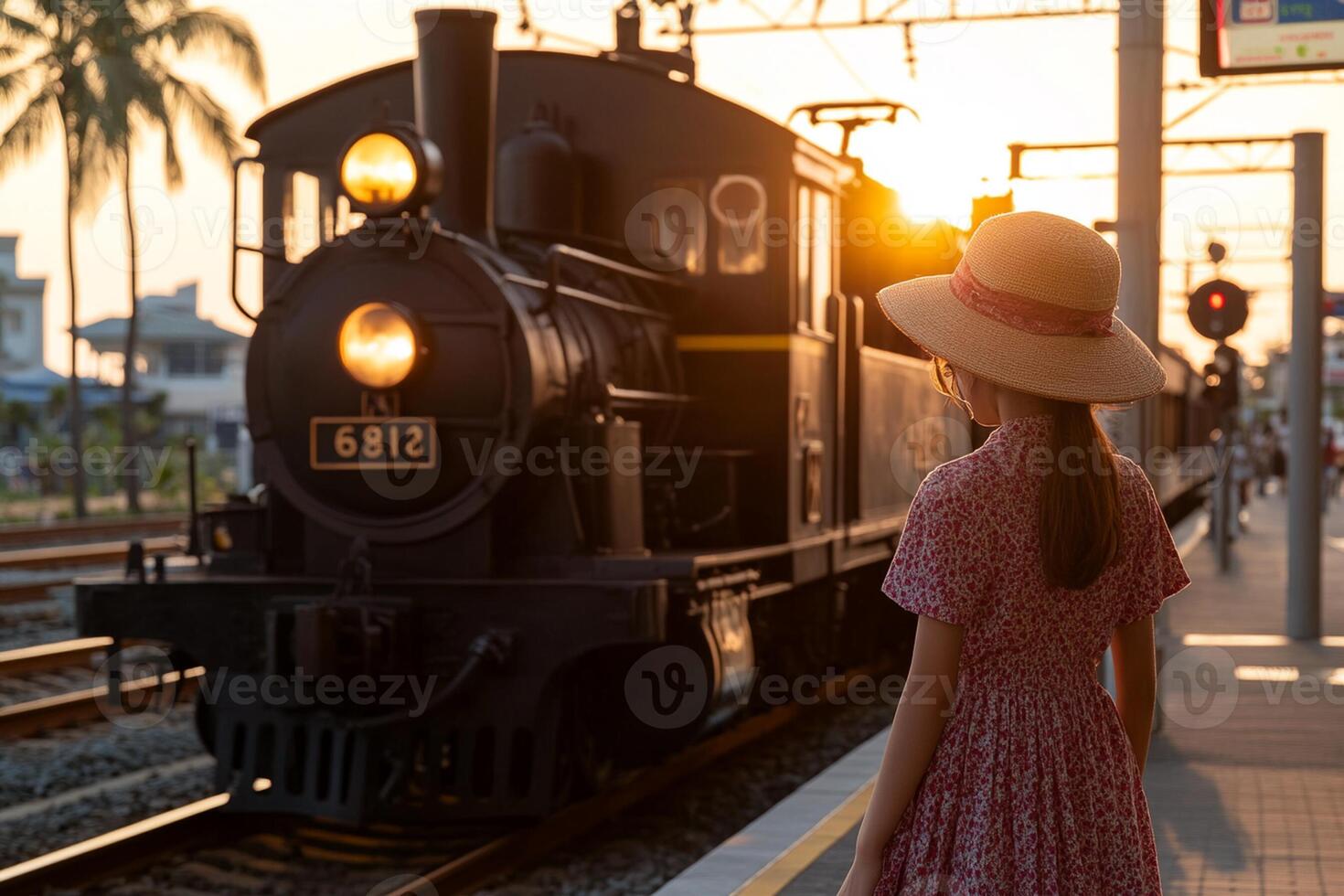 A woman in a hat is standing next to a train photo