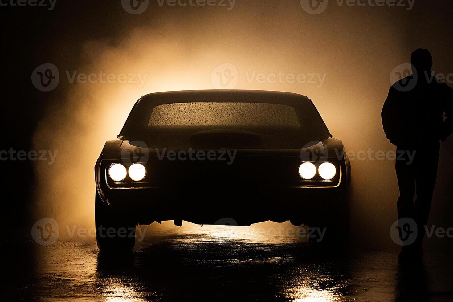 A man standing next to a car in the dark photo