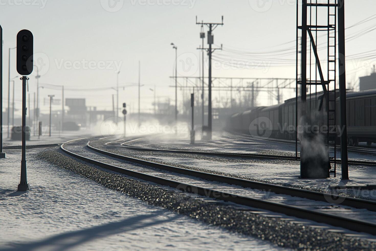 A train is on the tracks in the snow photo