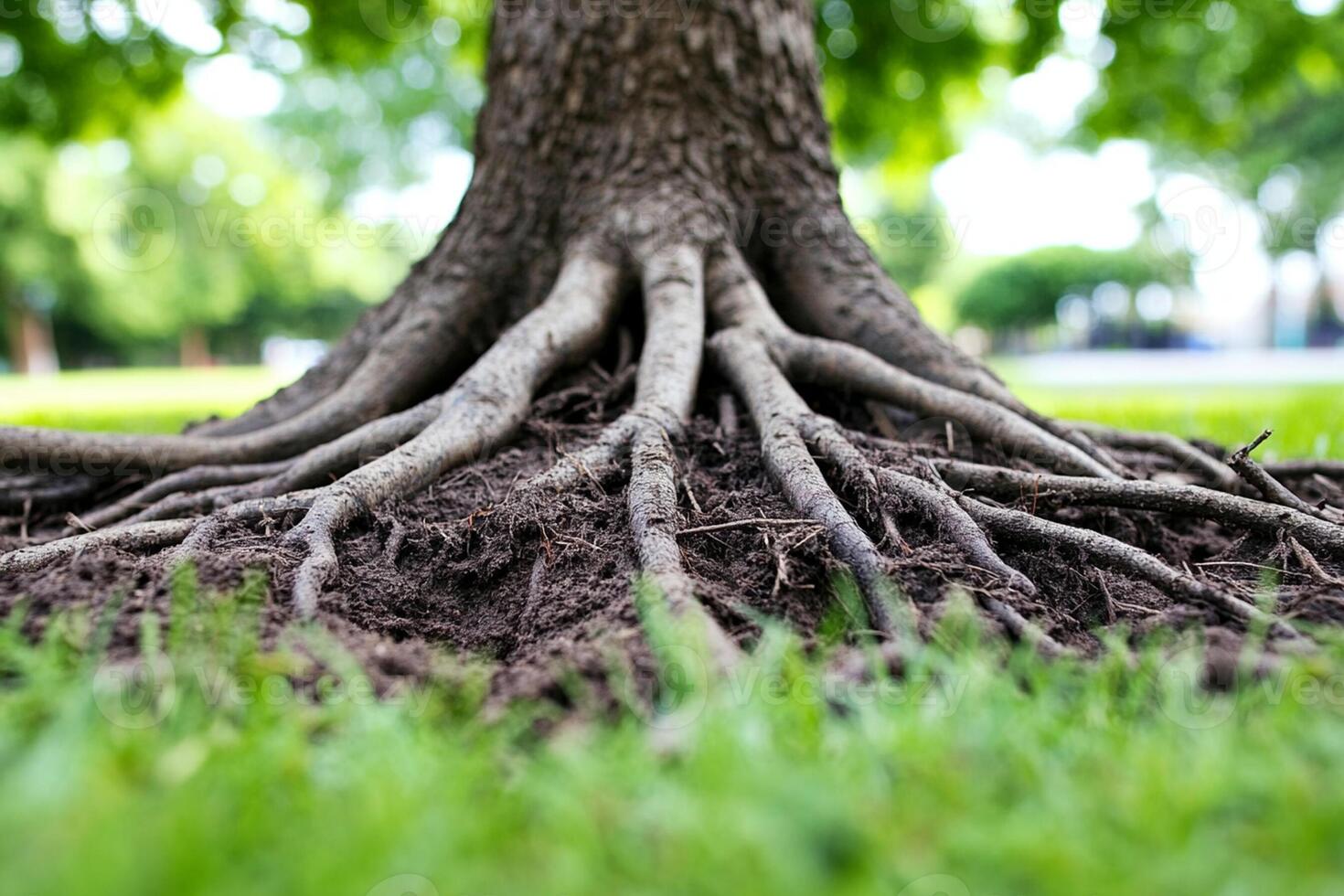 The roots of a tree are shown in the grass photo