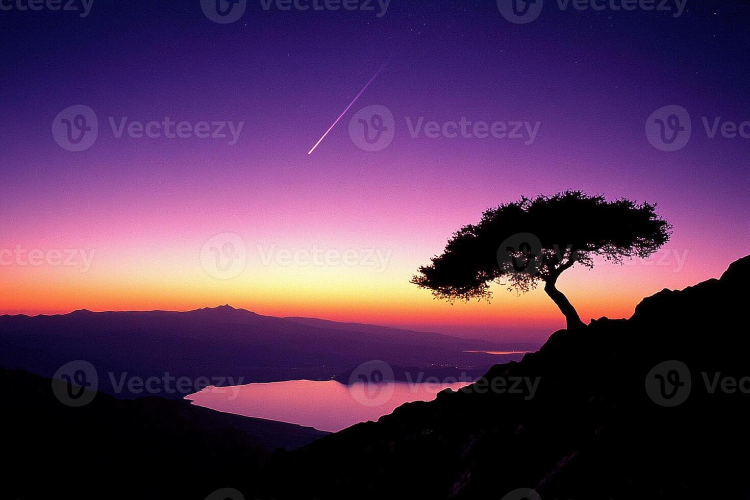 A lone tree stands on a mountain top at sunset photo