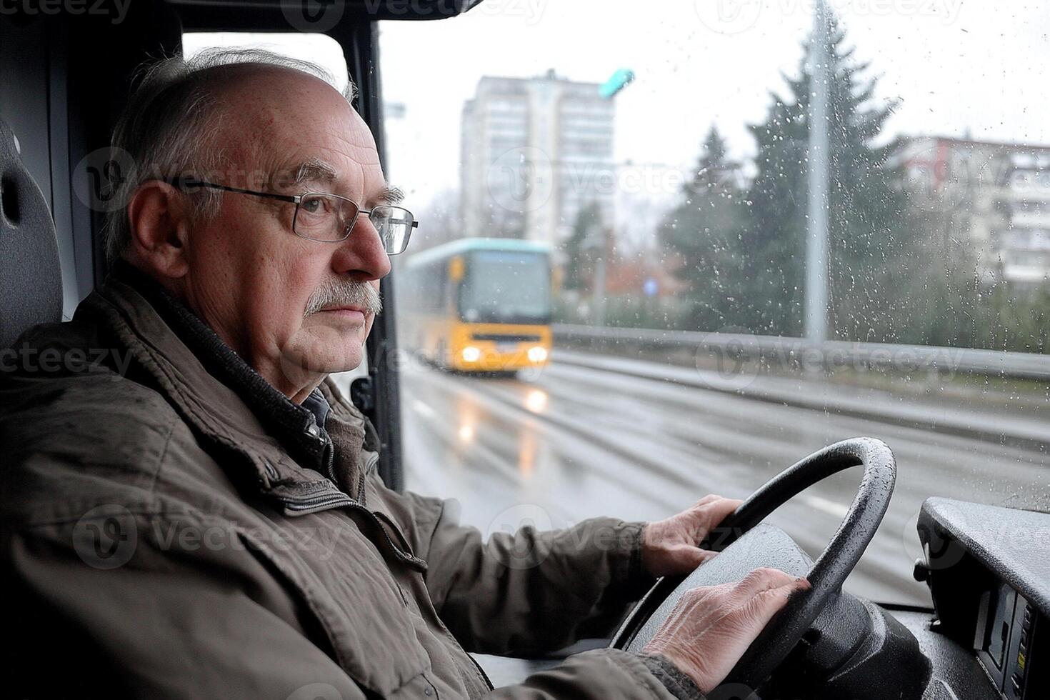 An older man driving a bus on a rainy day photo