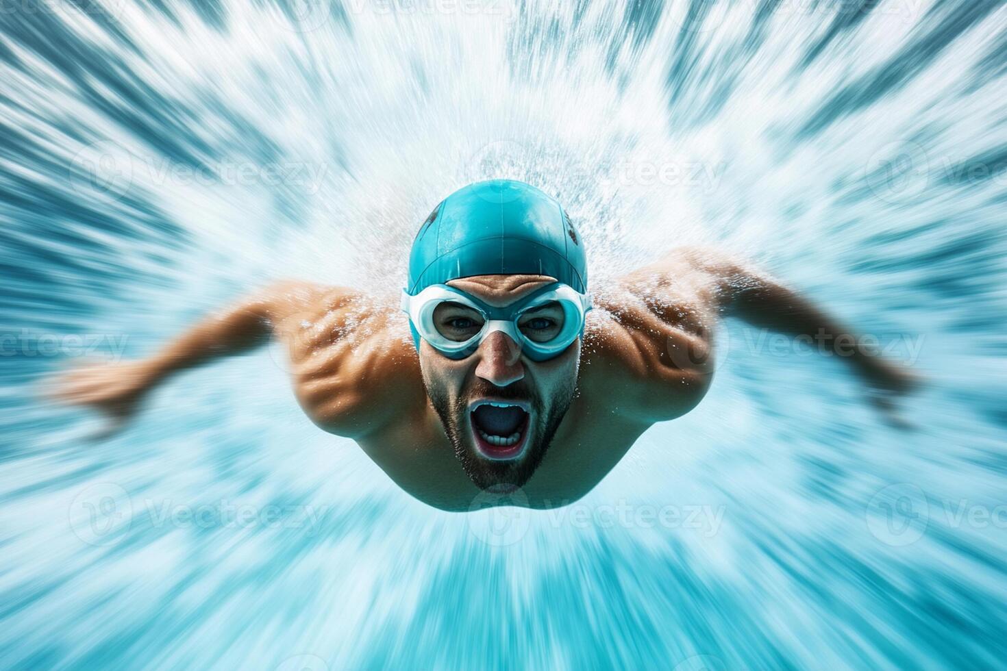 A man in a swimming cap and goggles is swimming photo