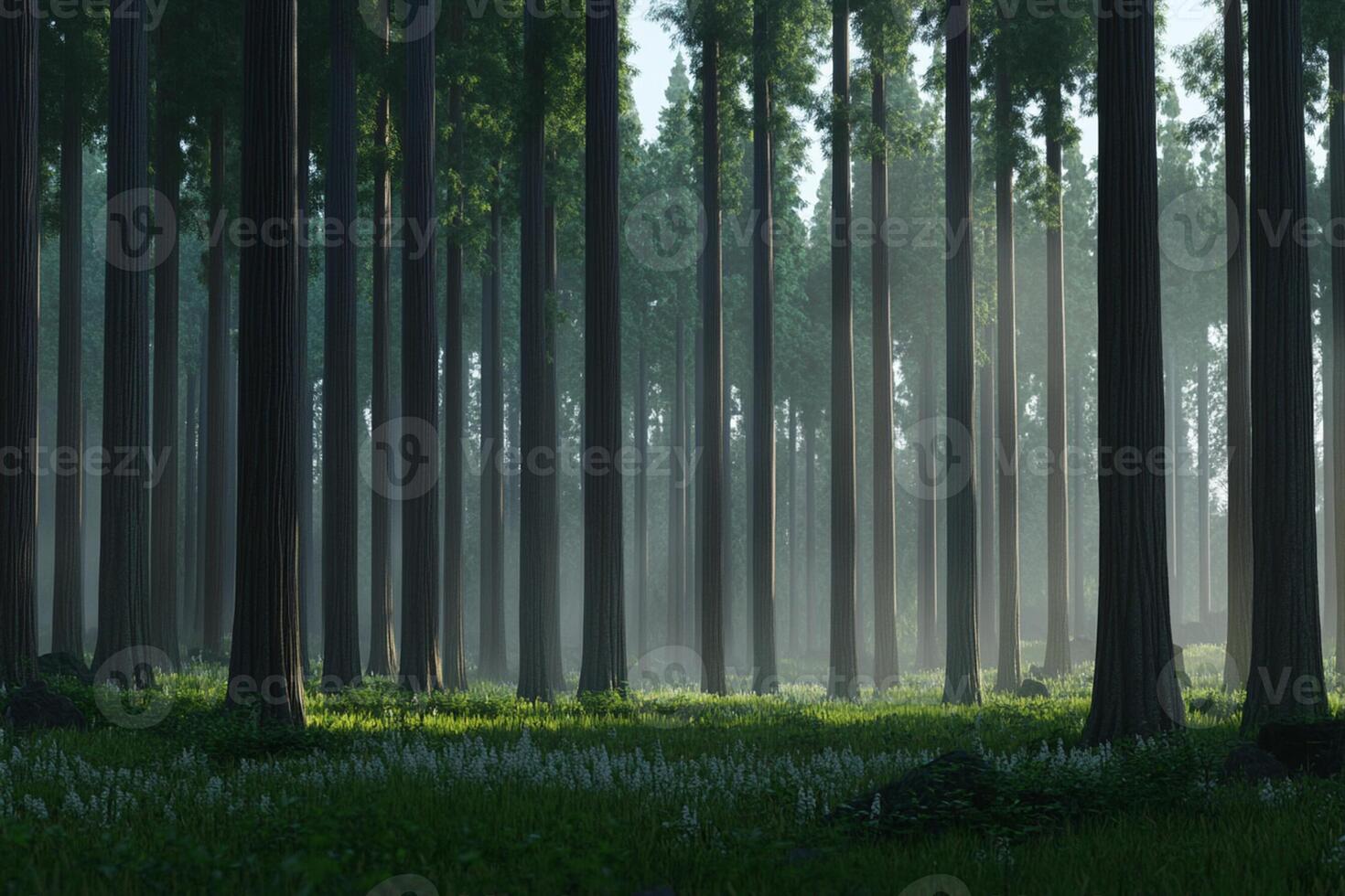 A forest with tall trees and grass photo