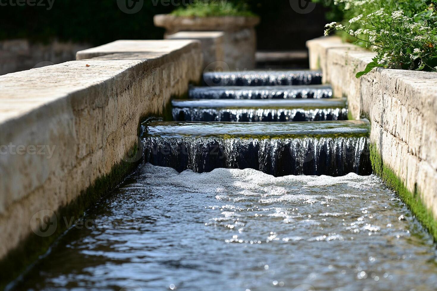A stream of water flowing down a stone wall photo