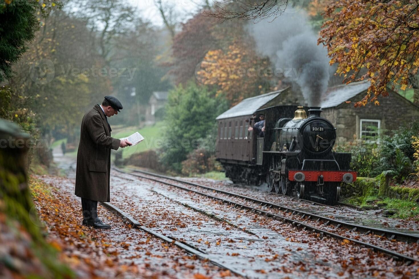 A man in a trench coat stands on the tracks looking at a book photo