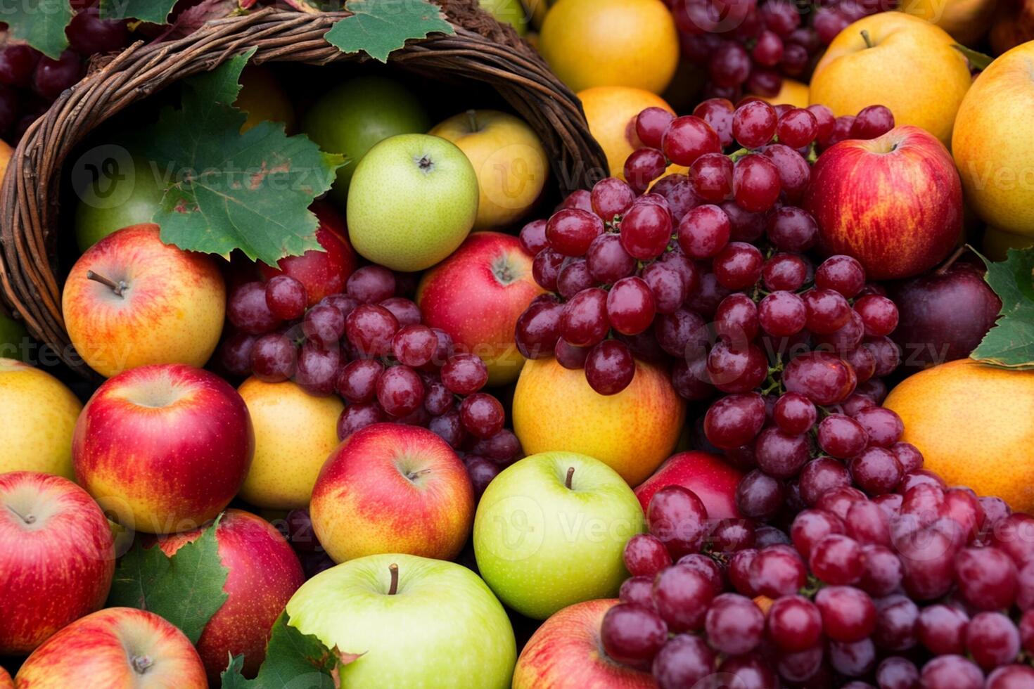 A basket full of apples and grapes photo